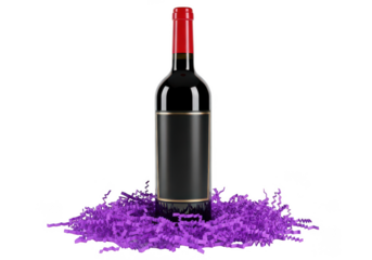 Red wine bottle mockup with blank label on purple confetti background on transparent background