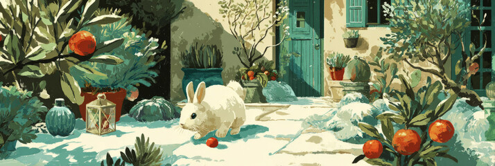 A snowy porch captures a cozy 50s Christmas atmosphere. A white rabbit sits among festive decorations, with orange pumpkins and greenery adding to the winter charm, banner