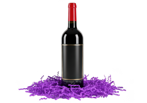 Red wine bottle mockup with blank label on purple confetti background on transparent background