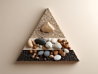 Sand and stone-toned stylized flatlay on 3D layered triangle pattern
