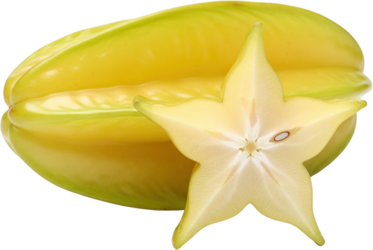 A ripe yellow carambola fruit whole and halved showing its star shape and seed isolate star fruit tropical healthy food fresh sweet juicy exotic organic