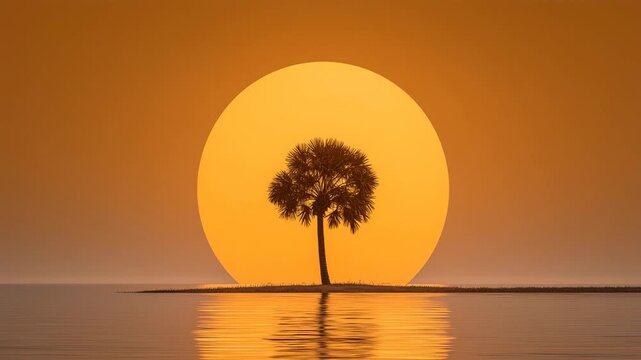無人の小島のヤシの木、夕暮れの黄金色が波紋とともに広がる