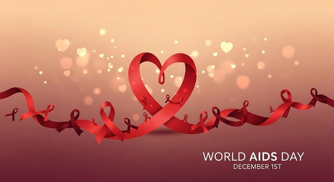 World aids day concept with red ribbon heart shape and bokeh lights on gradient background for awareness and support, december 1st