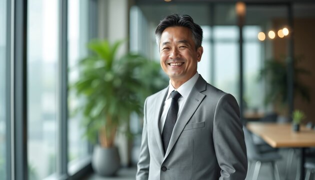 Asian man wears grey suit and tie, smiles. Stands in bright modern office near large window with green plant. Pro portrait, business setting. - Powered by Adobe