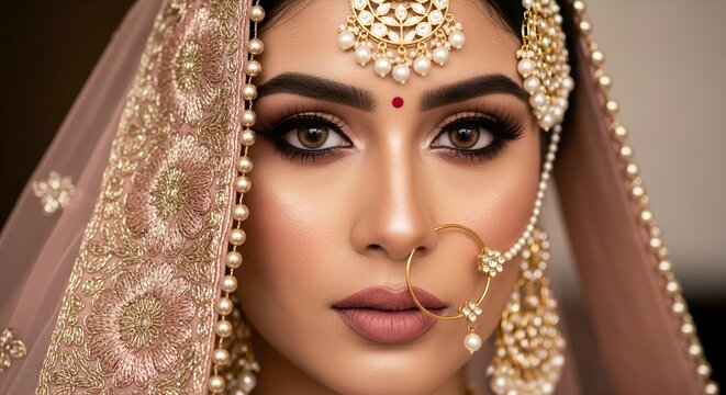 Close-up portrait of a woman in traditional Indian bridal attire with elaborate jewelry and makeup.