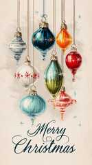 Colorful glass ornaments dangle from green pine branches, showcasing a retro style reminiscent of the 50s and 60s Christmas celebrations. The vibrant colors evoke warm seasonal feelings