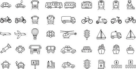 Collection of Transportation Vehicles and Objects Line Art Icons Set