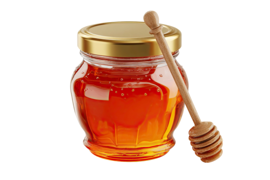 Realistic honey jar with wooden dipper golden accents on transparent background