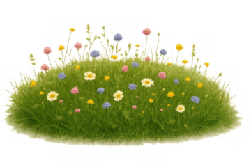 Green grass meadow island with colorful spring wildflowers and daisies blooming creating an idyllic natural landscape illustration