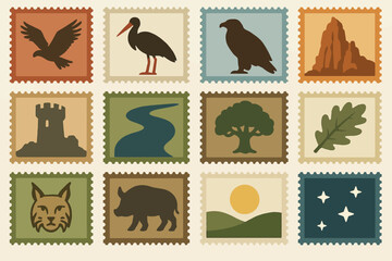 Naklejka premium Yellowstone National Park Stamp Collection with Wildlife and Nature