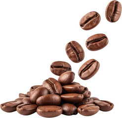 A pile of roasted brown coffee beans with several beans falling from above isolate isolated aromatic beverage caffeine dark energy food fresh grain hot