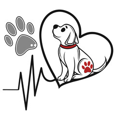 Illustration of a dog in a heart shape with a paw print and heartbeat line design element vector