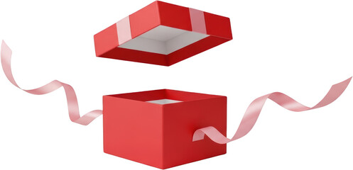 Open red gift box with loose pink ribbon lid detached white interior visible isolate present surprise celebration holiday birthday Christmas valentines day