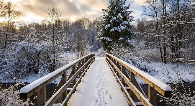 Snow covered wooden bridge leading through a winter forest - Powered by Adobe
