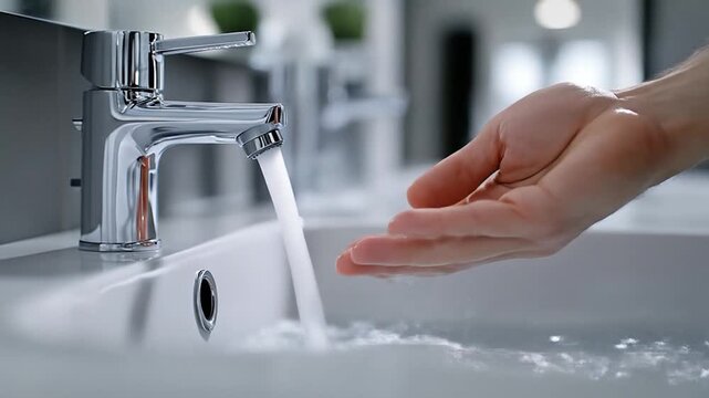 Chrome faucet dispenses water into a sink with a hand reaching towards it