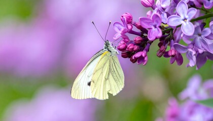 Delicate butterfly resting on vibrant purple lilac blossoms.