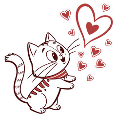 Cartoon cat with striped scarf surrounded by red hearts on a white background illustration art