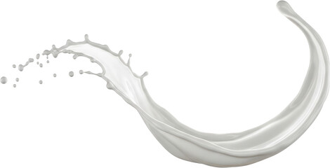 Dynamic white liquid splash with droplets frozen mid air creating an abstract swirling curve isolate milk fluid motion wave beverage drink dairy fresh