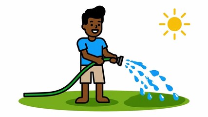 Animated Man Watering Lawn on Sunny Day: Yard Care and Gardening Animation, Ideal for Tutorials or