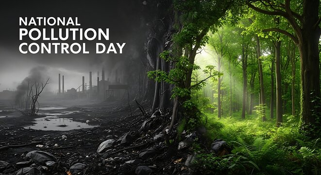 National pollution control day illustration with half polluted environment and half green environment to raise awareness and control pollution