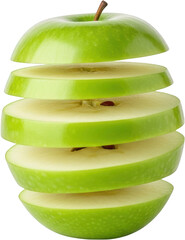 Sliced bright green apple with visible seeds and stem floating with layered slices isolate Fruit Food Healthy Fresh Organic Ingredient Juicy Sweet Natural