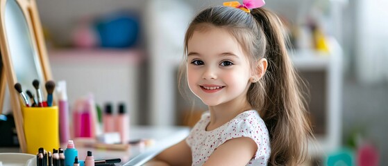 Joyful girl styling hair in mirror