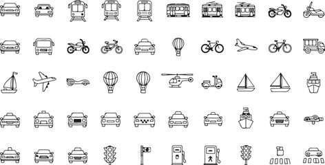 Transportation Icons Set Variety of Vehicles in Black and White Style
