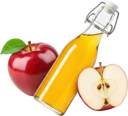 A whole red apple with a green leaf a glass swing top bottle filled with yellow liquid and a sliced red apple showing seeds and core isolated with Juice