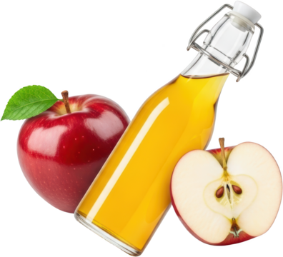 A whole red apple with a green leaf a glass swing top bottle filled with yellow liquid and a sliced red apple showing seeds and core isolated with Juice