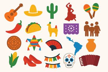 Mexican Culture Icons Guitar, Taco, Sombrero, and More