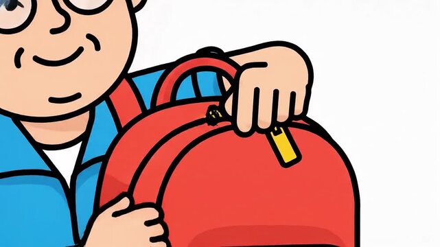 Animated Man Zipping Up a Red Backpack Cartoon Style Ready for Adventure Journey