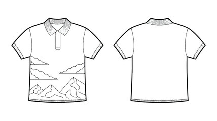 Naklejka premium Classic white polo shirt isolated on white background with short sleeves and a subtle mountain landscape design, perfect for a casual yet stylish wardrobe