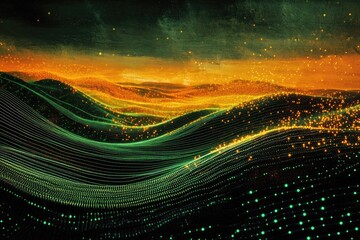 A mesmerizing digital landscape of glowing green data waves and shimmering golden particles under a dark, textured sky.