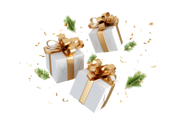 White gift boxes with golden ribbon flying isolated on transparent
