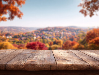 Obraz premium Wooden table with autumn cityscape view and fall leaves in foreground seasonal urban scene