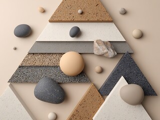 Sand and stone-toned stylized flatlay on 3D layered triangle pattern