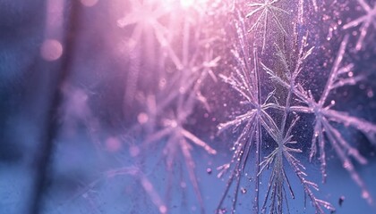 Macro view of frost ice crystals on window glass surface. Delicate snowflakes form intricate patterns on pane. Frozen water vapor creates unique designs on glass. Tinted purple background adds