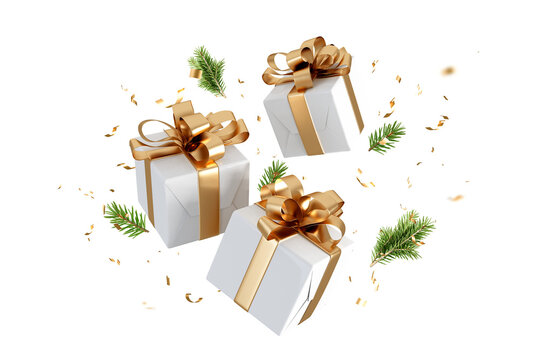 White gift boxes with golden ribbon flying isolated on transparent
- Powered by Adobe