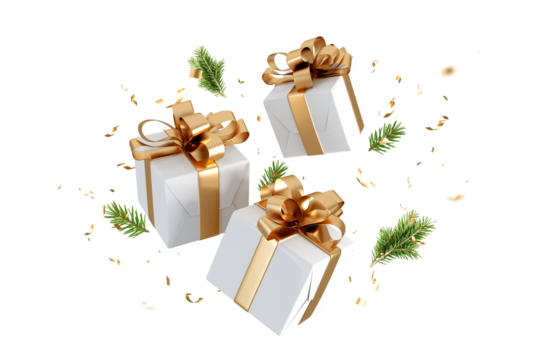 White gift boxes with golden ribbon flying isolated on transparent
