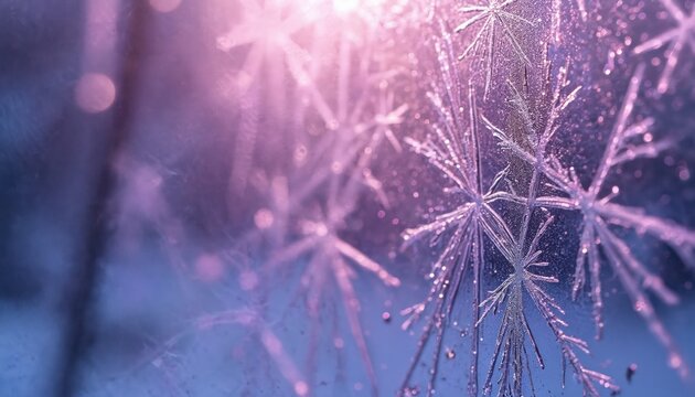 Macro view of frost ice crystals on window glass surface. Delicate snowflakes form intricate patterns on pane. Frozen water vapor creates unique designs on glass. Tinted purple background adds