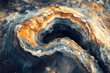 Obraz premium Abstract aerial view of a vibrant, layered geological formation. Orange and blue mineral strata spiral into a dark abyss, revealing intricate natural textures.
