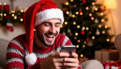 Joyful Caucasian man in Santa hat sitting near Christmas tree, typing on smartphone with surprised face after winning online Christmas lottery, festive cozy atmosphere.