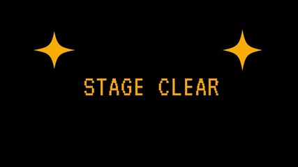 Pixel art "STAGE CLEAR" animation with blinking stars for classic video game level completion. 4K video animation for video game - Powered by Adobe