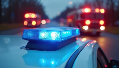 Close up of blue emergency lights on car roof. Fire engine with red lights on road. Night scene shows accident and rescue operation at twilight. Theme of security.