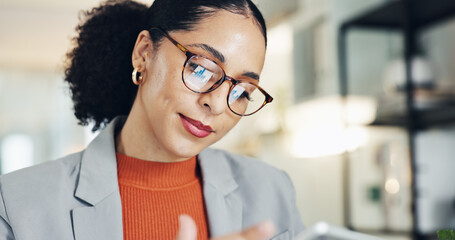 Business, woman and reading with tablet in office for research, email editor and proofreading....