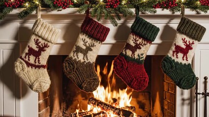 Four christmas stockings with reindeer designs hanging above a warm fireplace with a festive garland creating a cozy holiday atmosphere in a traditional home setting - Powered by Adobe