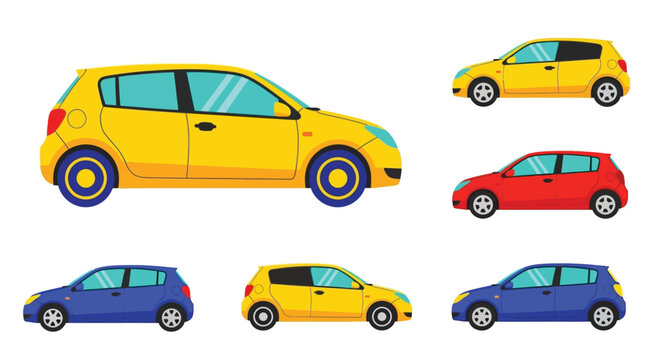 Colorful cartoon depictions of small city cars in various views and shades