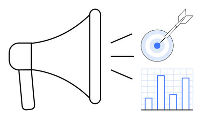 Megaphone amplifying message, bullseye with dart representing precision, bar chart symbolizing data analysis. Ideal for marketing, communication, advertising, success, strategy, growth branding