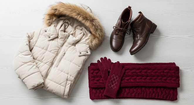 Flat lay of a padded jacket with fur hood, leather boot, knitted scarf and glove, representing warm clothing for cold weather or winter season