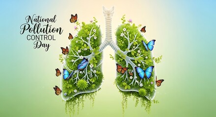 Lungs are covered with green grass and butterflies flying around for national pollution control day concept around 120 characters
